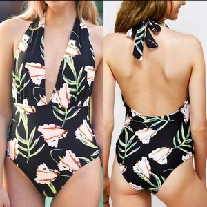 Cupshe | Black Floral Halter One Piece Swimsuit NWT